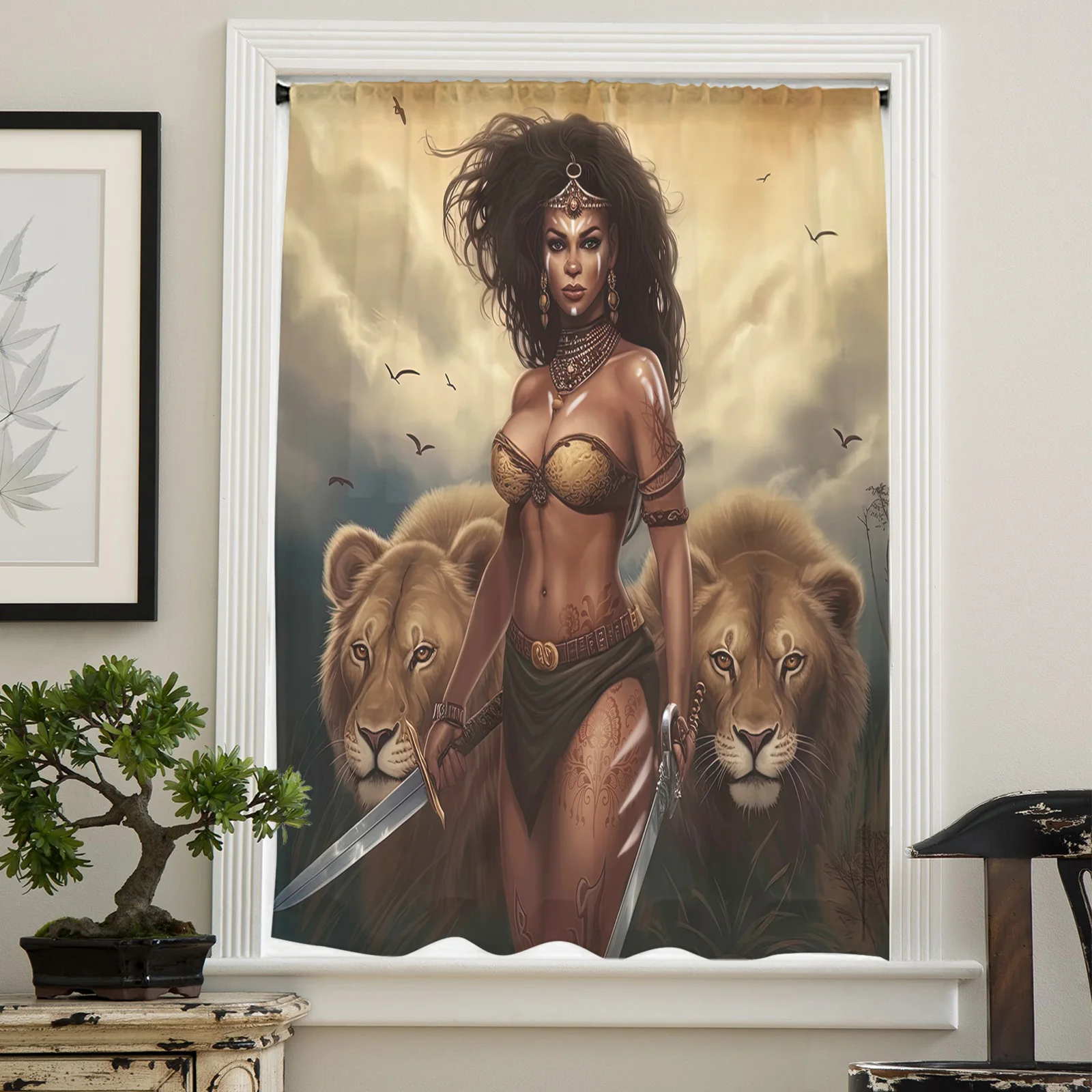 African Savanna Woman Lion Voile Curtains for Bedroom Tulle Window Curtain for Living Room Sheer Curtains Blinds Drapes