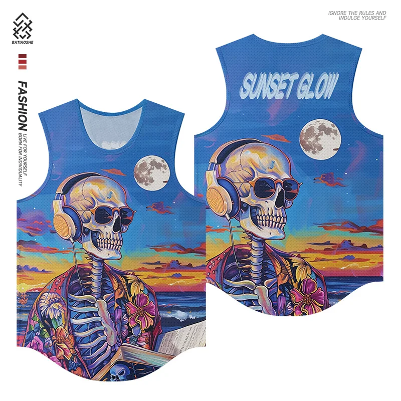 

American Tide Brand Design Sense Skull Pattern Sleeveless T-shirt Top Trend Sports Fitness Quick-drying Bottoming Shirt for Men