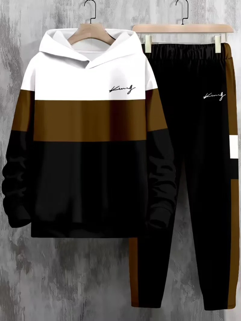 

Autumn And Spring Men Hoodie Set Simple Checkered Stripes Print Fashion Hoodie Set For Street Sports Breathable Hoodie Sets