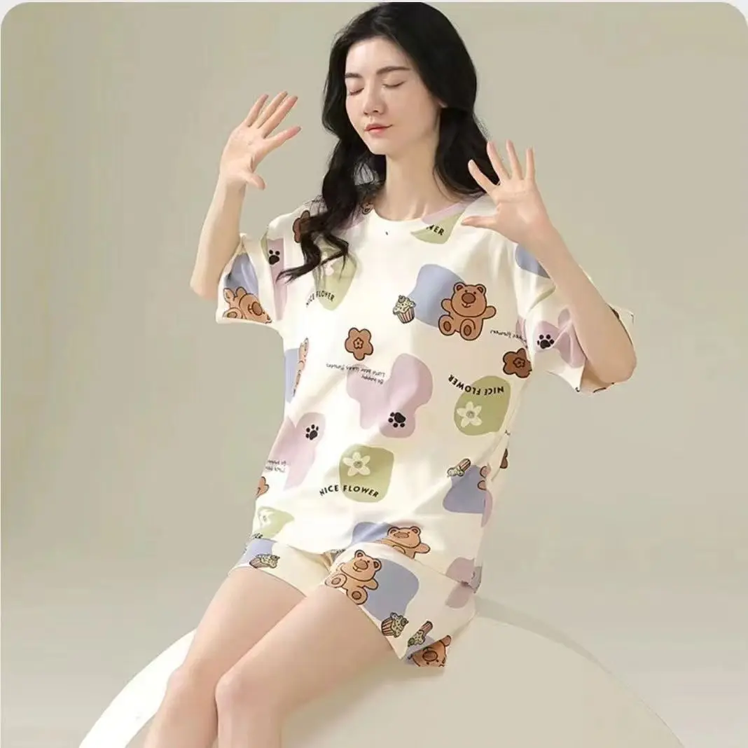 New Ladies Pajamas Homewear Set Female Summer Short-Sleeved Shorts Set Student Girls Cute Cartoon Summer Casual Pajamas Homewear