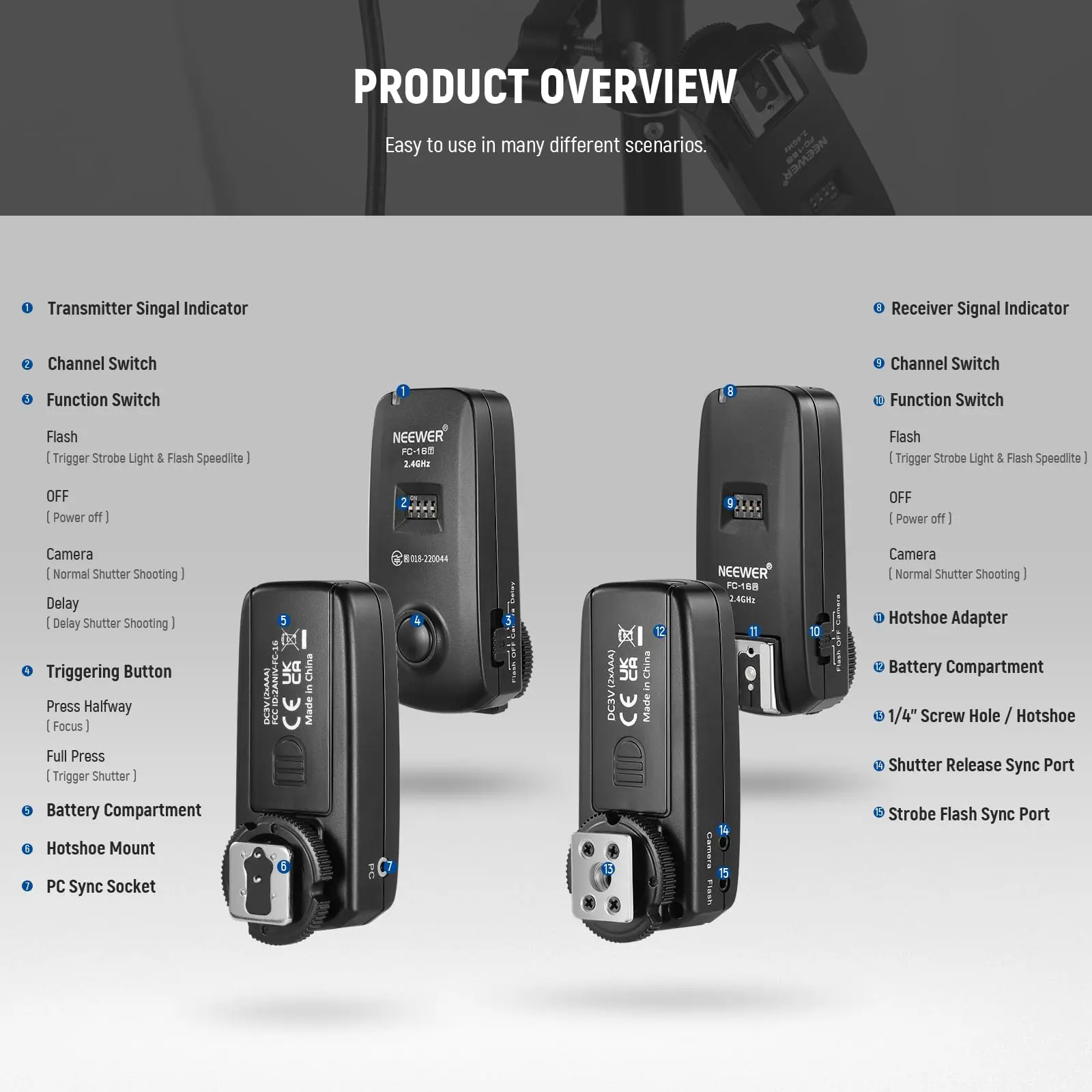 NEEWER FC-16 2.4G Wireless Camera Shutter Studio Flash Trigger with Two Receivers Compatible with Canon/Nikon/Sony - Image 6