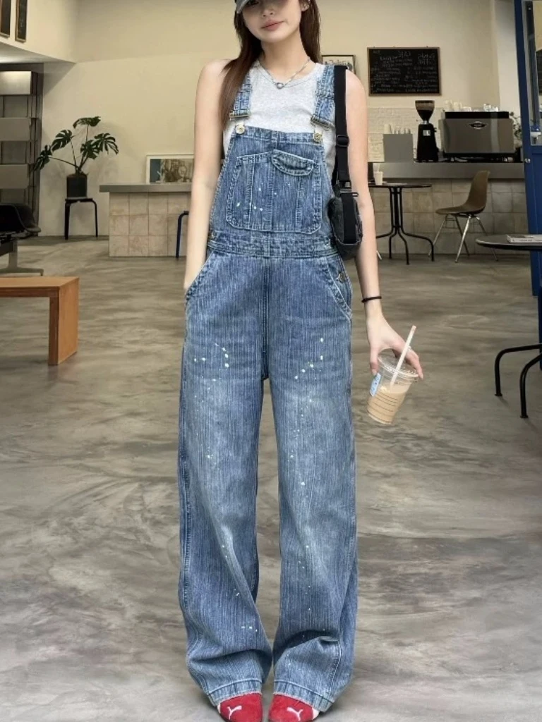 

Spring Summer New Sle Loose Straight Leg Jeans Overalls Women's Street Retro Bamboo Sprayed Ink Denim Overalls Casual High ...