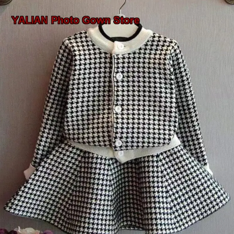 Girls Western Style Two-Piece Set 2022 Spring Autumn Houndstooth Knit Dress and Skirt for Girls Kids