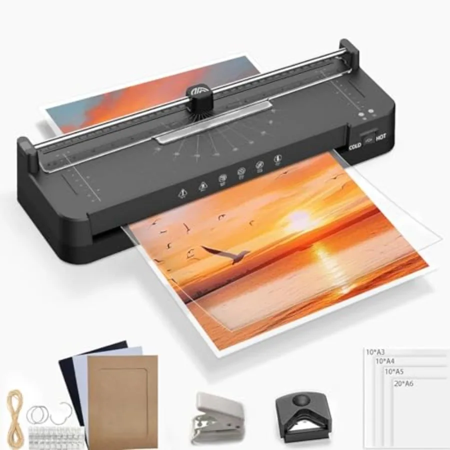 

Laminator Machine with 50pcs Laminating Pouches Sheets, 9 in 1 Laminator 13-inch Wide Thermal andCold Machine Built-in Paper Tr