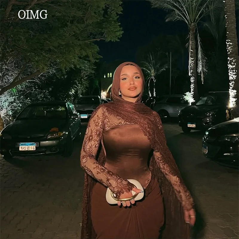 

OIMG Vintage Lace High Neck Mermaid Prom Gowns Long Sleeves Party Gown Eid Floor Length Gala-ready Evening Dress Customized