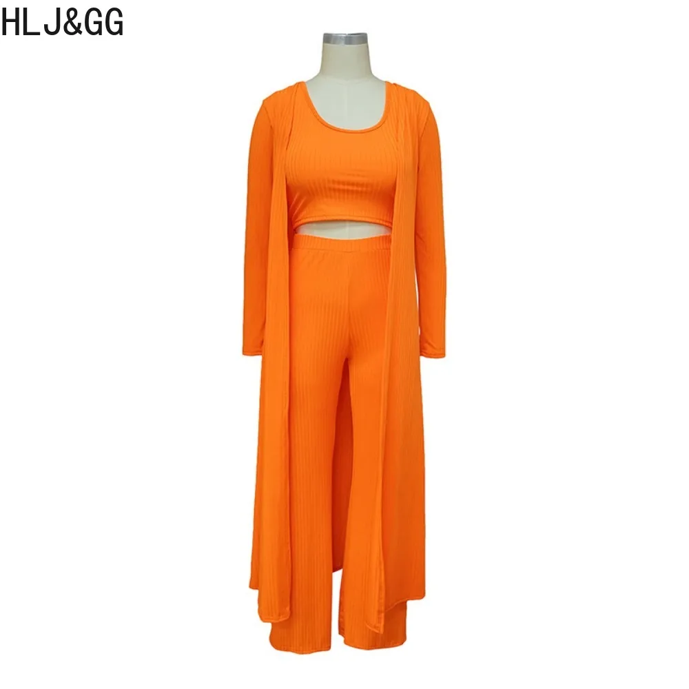 HLJ&GG Casual Solid High Quality Ribber 3 Piece Sets Outfits 2024 Women Strap Sleeveless Slim Tank Top Long Coats Pants Clothing