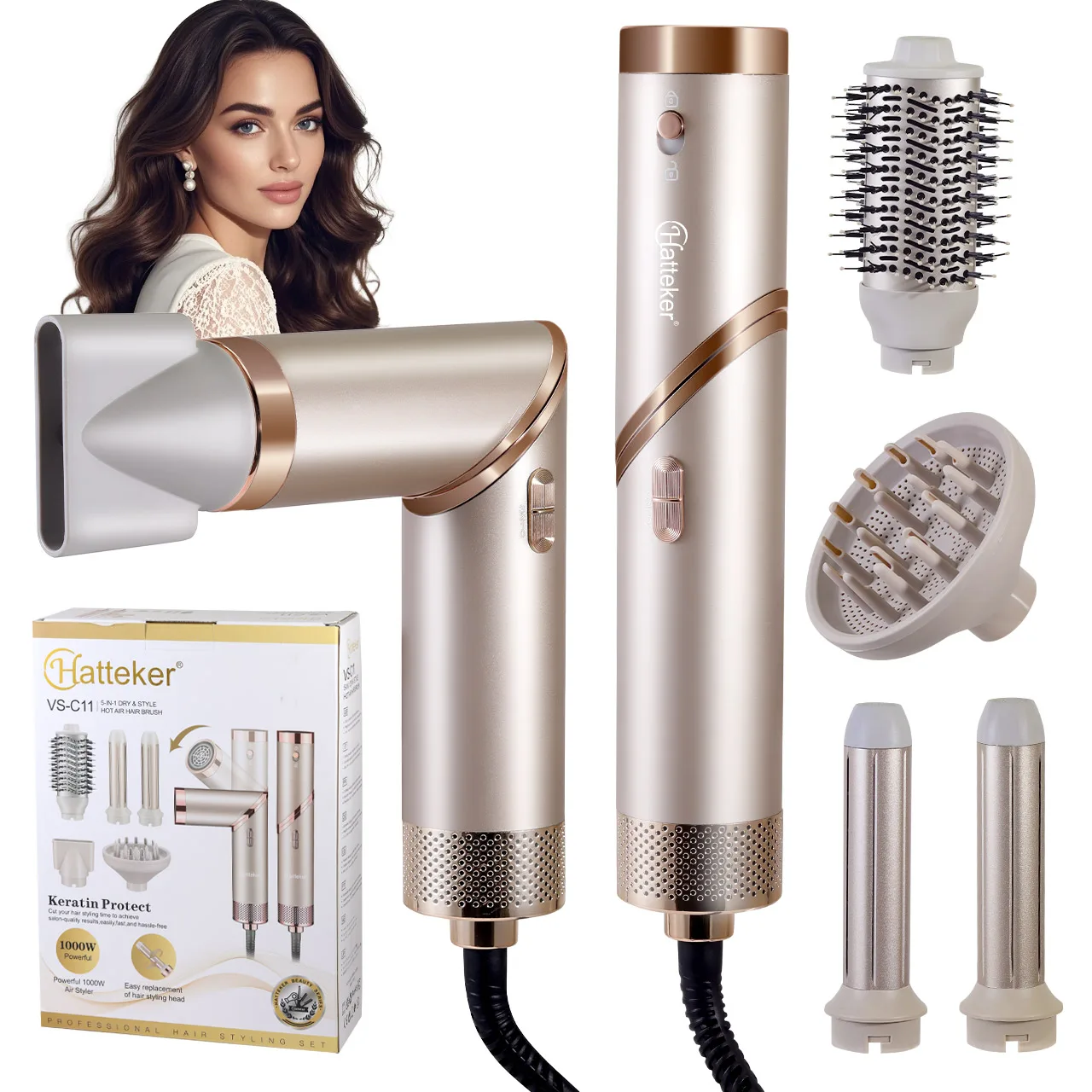 Hatteker 4-in-1 Haarstyling-Gerät Faltbarer Haartrockner Lockenstab Bürste mit Negativ-Ionen-Pflege für Frauen