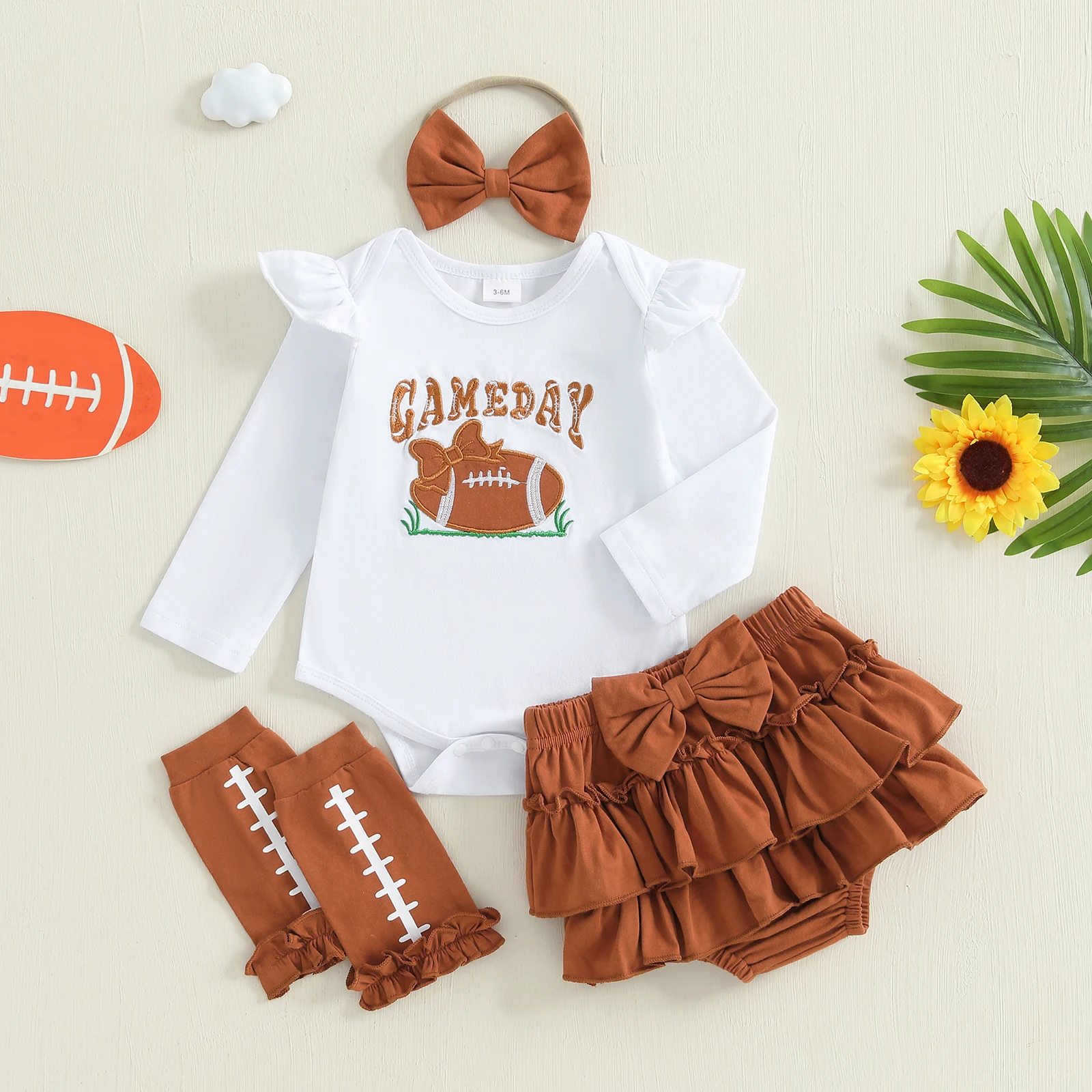 

SUNSIOM Baby Girl Football Outfit Rugby Letter Long Sleeve Romper Ruffle Shorts Bow Headband Leg Warmers 4 Piece Fall Set
