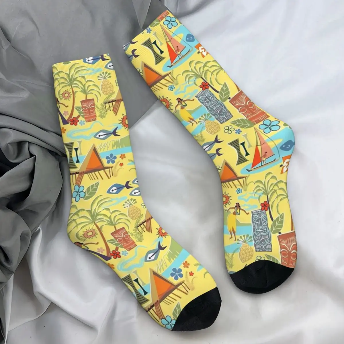 Mid Century Hawaiian Vacation With Tikis And Hula Girls Stockings Unisex Socks Modern Socks Autumn Non-Slip Design Socks Gift