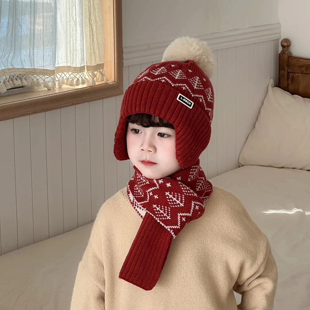 Winter Fashion Kids Knitted Hat with Scarf Boys Outdoor Warm Beanie Hats Primary Students Ear Protection Cap Scarf Sets 4-10Y
