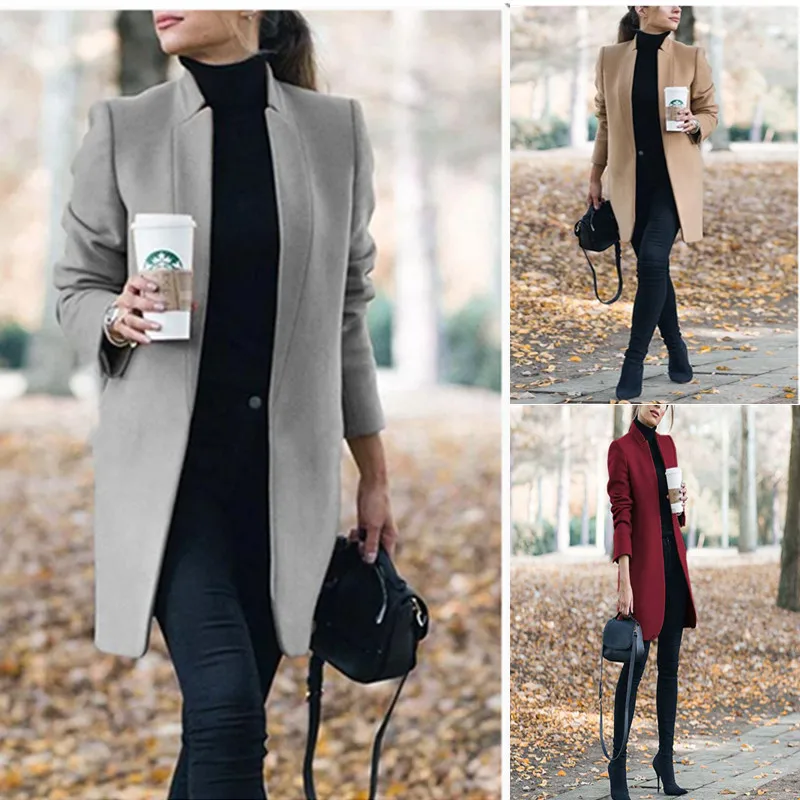 

Women Autumn Coat Solid Long Sleeve Pocket Classic Outwear 5XL Streetwear Female Clothes Trench Jacket Open Stitch Cardigan