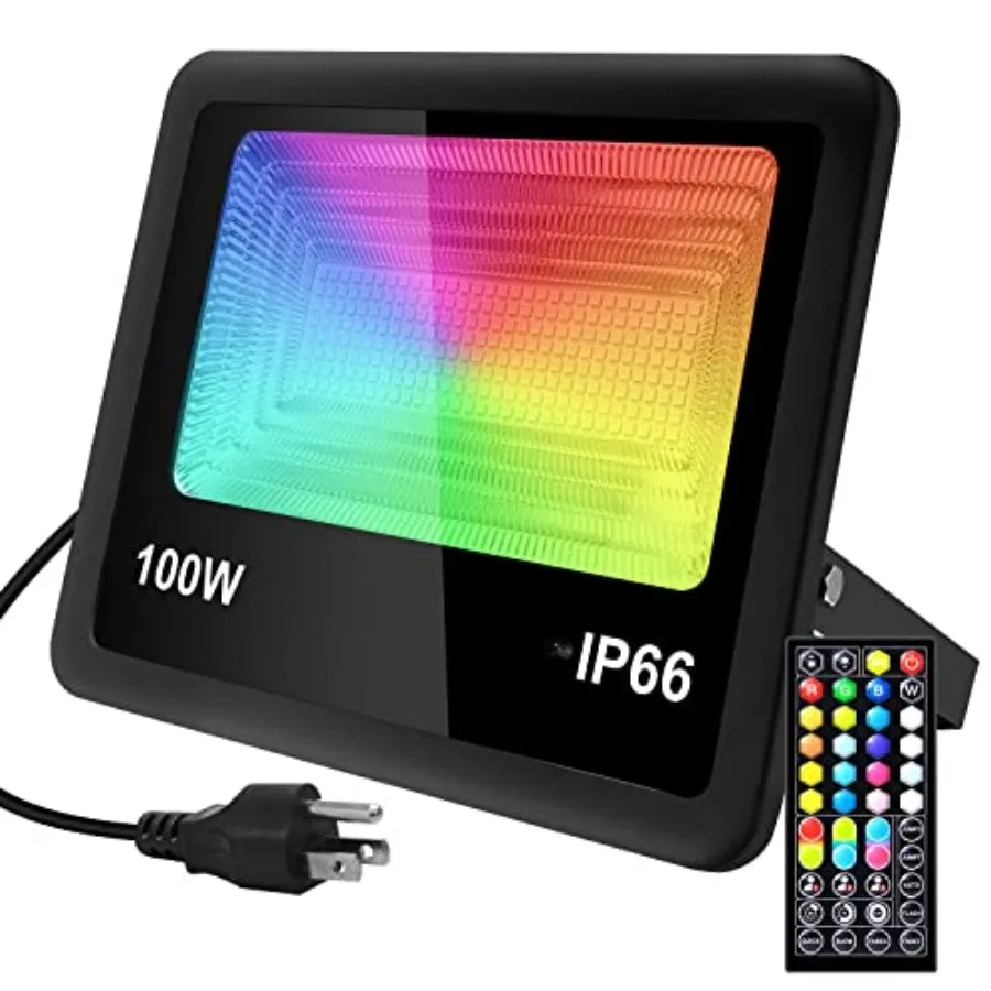 100W RGB LED Flood Lights Color Changing Floodlight with Remote Control 20 Colors 6 Modes Dimmable Wall Washer Light IP66 Water