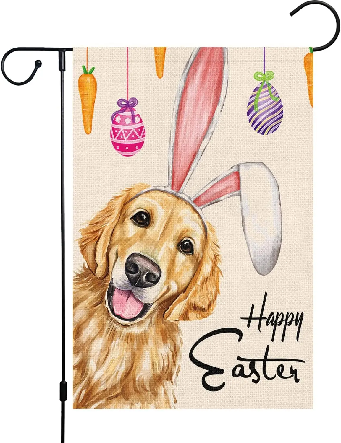 Louise Maelys Happy Easter Garden Flag 12x18 Double Sided Burlap, Small Vertical Golden Retriever Dog with Rabbit Ear Garden PPM