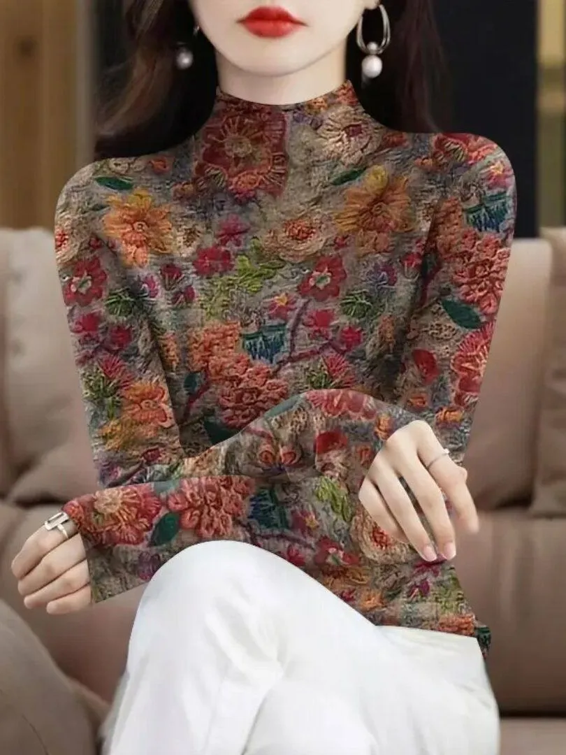 New plus Size Printed T-Shirt Women's Autumn Fashion Long Sleeve Belly Covering Top Label Removed High End Ladies' Wear