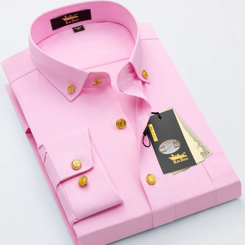 2026 Men\'s Diamond Button Long-sleeved Shirt Male Business Casual Slim Copper Button Dress Shirt Top Quality Groom Wedding Shirt
