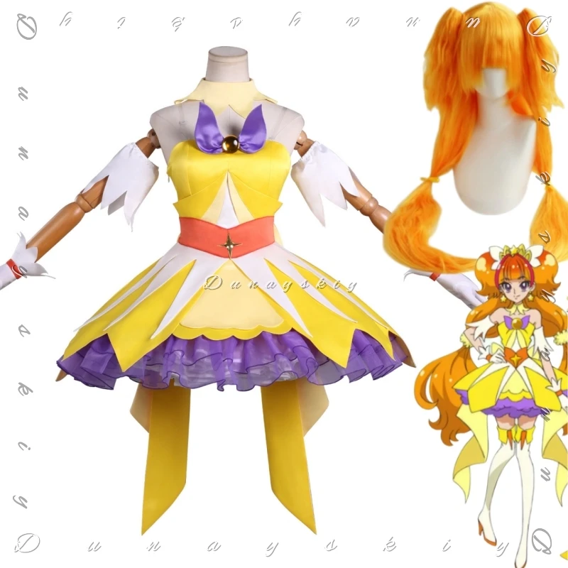 

Princess PreCure Cure Twinkle Kirara Mode Cure Twinkle Yellow Idol Stage Dress Long Orange Hair Wig Detachable Ponytail Cosplay