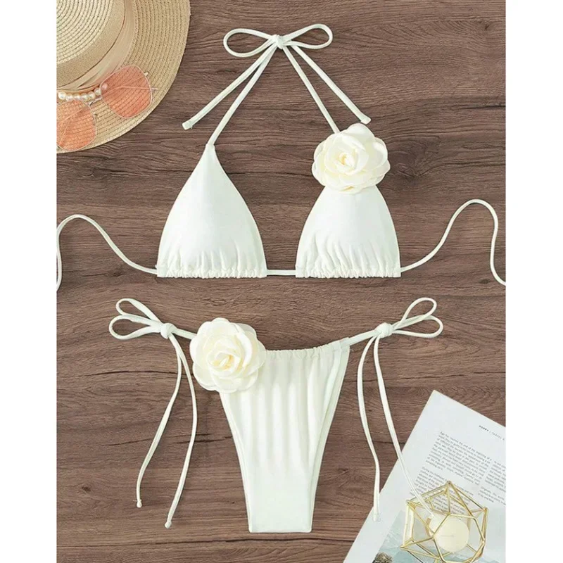 

Summer Women Solid Color Swimsuit Sexy Flower Backless Pure Cotton Swimsuit Fashion Suspender Split Style Bikini Set