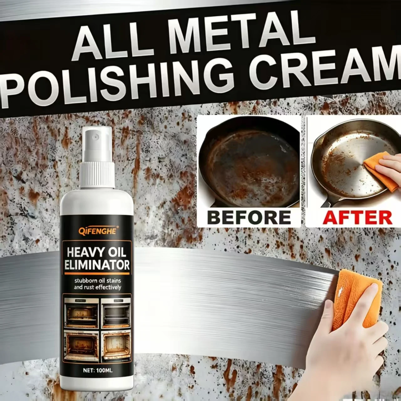QiFENGHE 100ML Heavy Oil Eliminator, Powerful Heavy Duty Grease & Rust Remover, No Disassembly No Rinse Oven Grill Cleaner, Safe