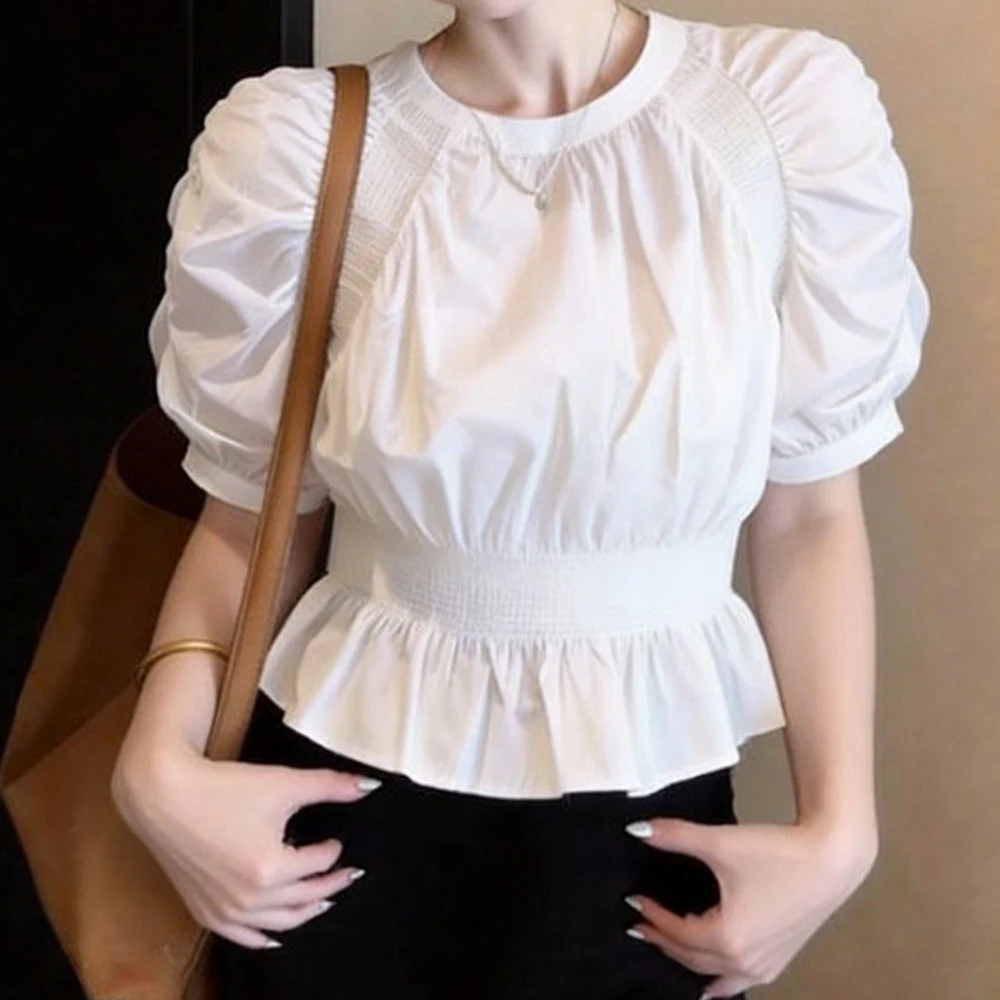 French Fashion Foreign Style High-grade Shirt Bubble Sleeve Crew Neck Top 2026 Summer New Age-reducing White Shirt
