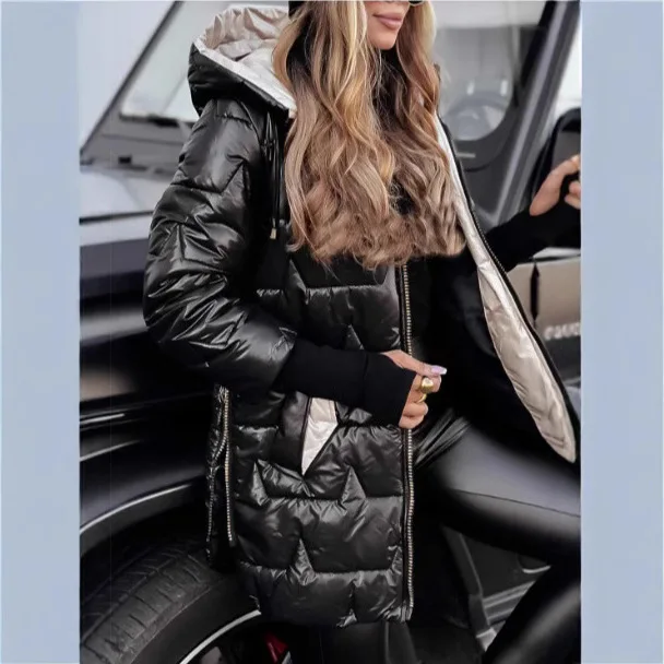 

2025 Winter Euro-American Style Fashion Slim-Fit Hooded Cotton Jacket,Women's Mid-Length Three-Zipper Quilted Warm Cotton Coat