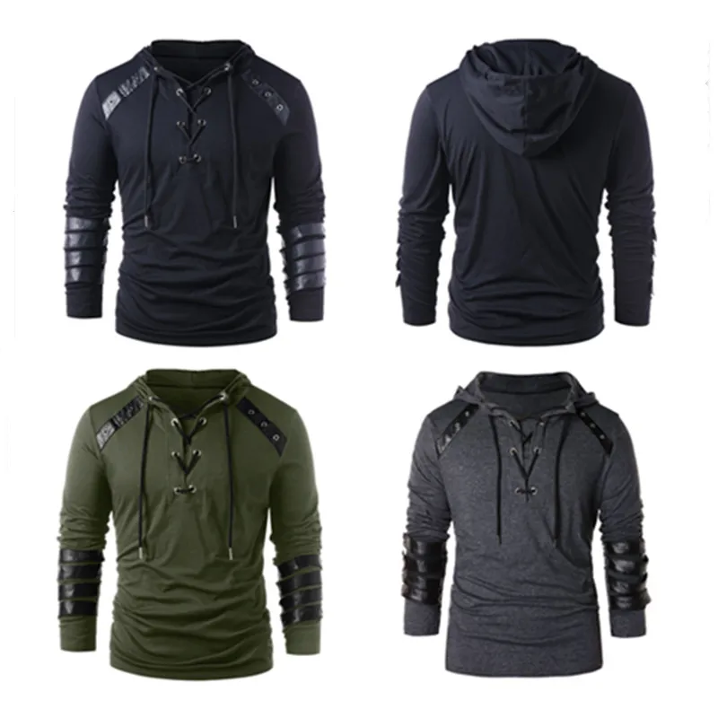 Uomo gotico Steampunk con cappuccio con cappuccio camicie felpa con lacci Pullover a maniche lunghe con cappuccio camicetta Casual top