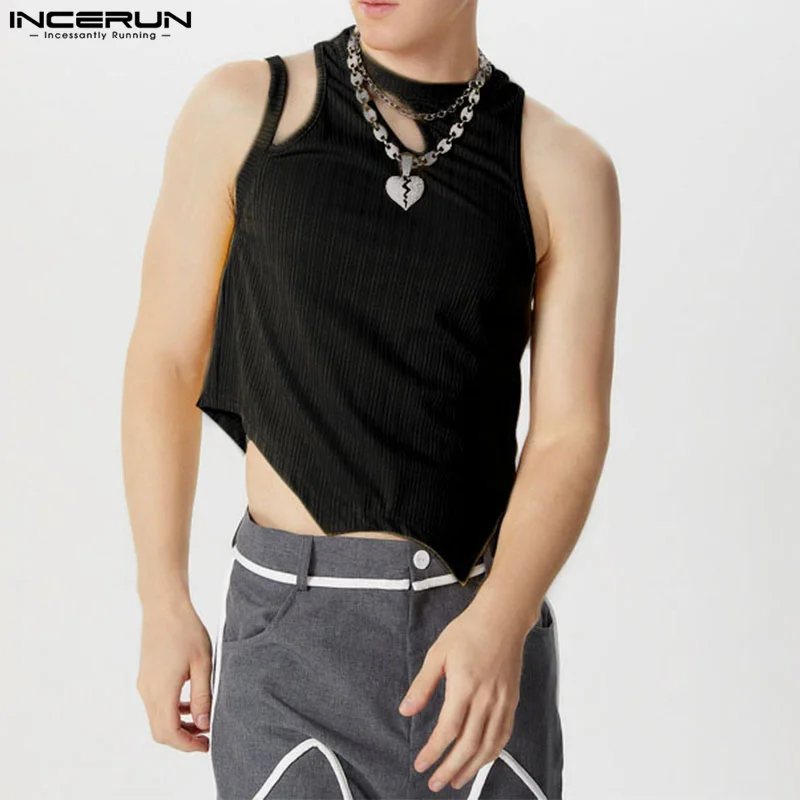 INCERUN Men Irregular Tank Tops Solid Color Hollow Out O-neck Sleeveless Male Vests Summer Streetwear 2024 Fashion Crop Tops Men