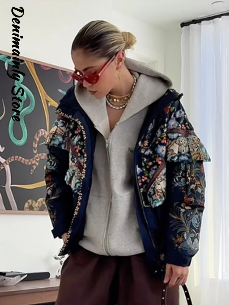 Vintage Women's Floral Printed Jacket Loose Ruffle Hooded Full Sleeve Zipper Ski Padded Coats Female 2026 Winter Lady Outwear