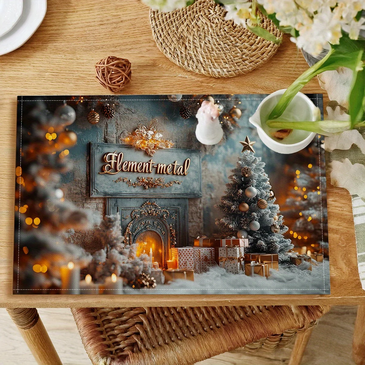 4pcs holiday Christmas Tree Placemats - Polyester, Digital Print, Hand Washable, 18x12 Inches, Snowy Scene