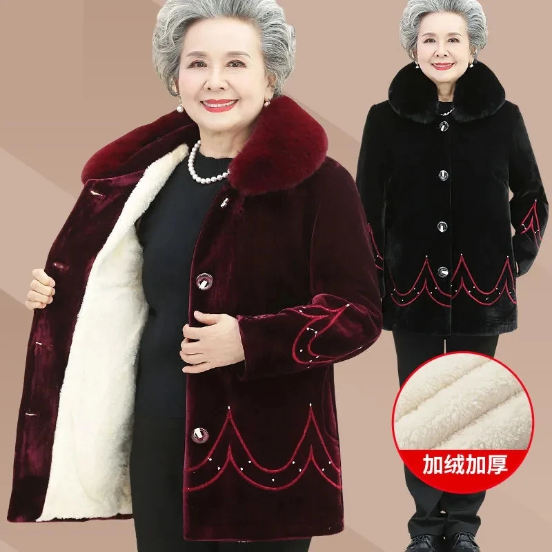 Winter Jacket Women Faux Fur Collar Thicke Cotton Padded Warm Coat Mid-length Parkas Middle Aged Female Outwear Velvet Warm Coat