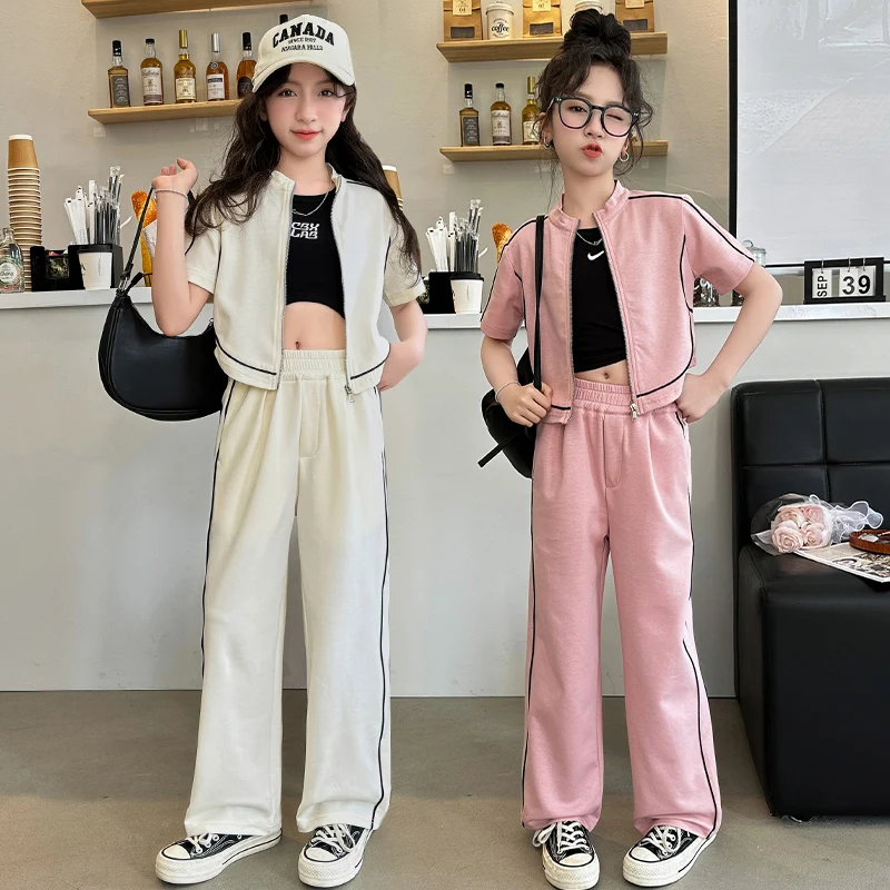 

summer teen girls clothes sets vetement enfant fille cotton short sleeve zip jacket+Casual pants 2pcs 4-14 kid sportssuit outfit