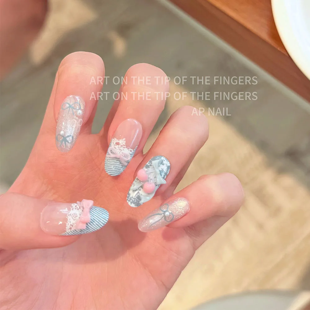 Cute Childlike Fun 3D Rilakkuma Glitter Almond Nail Patch Bowknot Hand-Drawn Star Chicken Strawberry Nail Art Party Stickers view 3