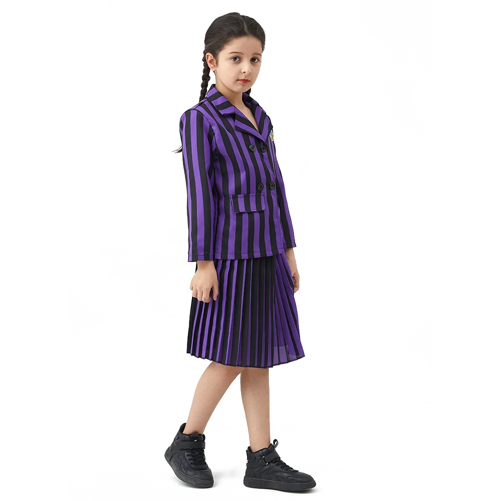 Uniforme scolaire de l'académie pour enfants, costume de cosplay pour la famille, Halloween, fête d'anniversaire, vêtements avec perruque, mercredi, filles, femmes, sans manches