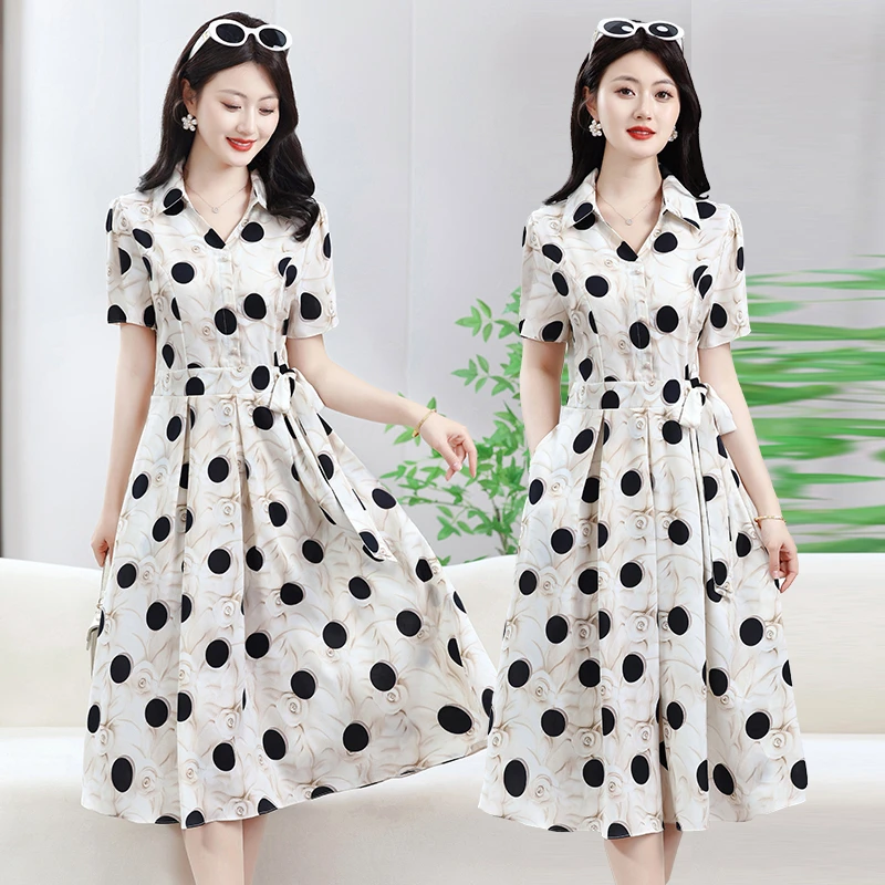 Novo vestido feminino com gola de camisa de bolinhas, emagrecimento, linha a, manga curta, cintura, verão, elegante, sensação de moda