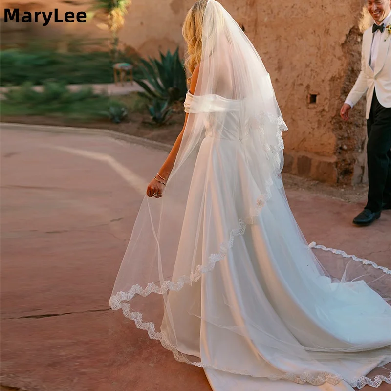 

Двухслойная свадебная фата с кружевной отделкой и накладкой для лица, длинная фата-катедрала из тюля цвета слоновой кости, фата для невесты, на заказ