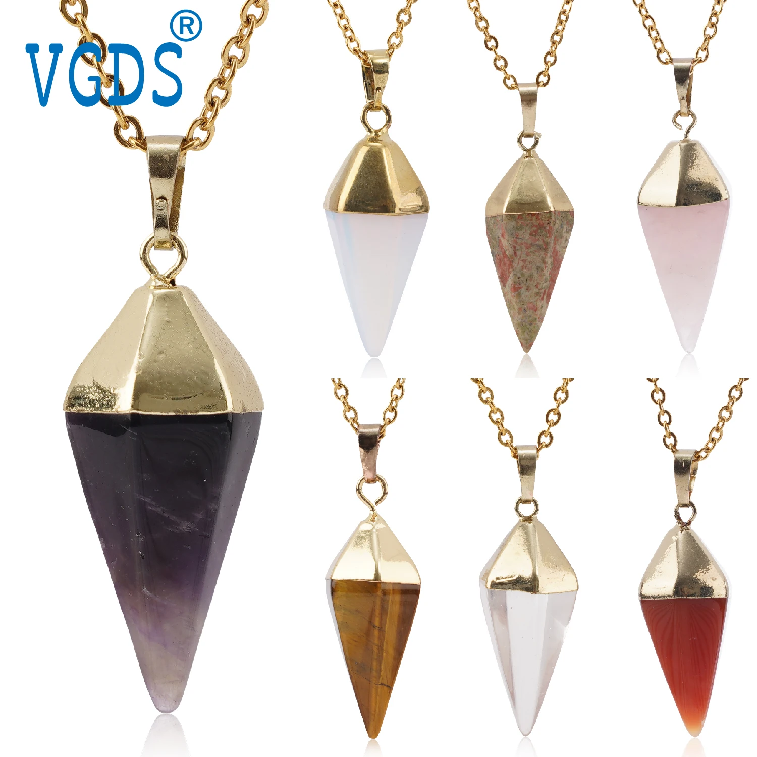 

VGDS Hot Sales Natural Hexagonal Conical Crystal Amethyst Golden Gemstone Pendants Reiki Energy Necklaces For Men Women Jewelry
