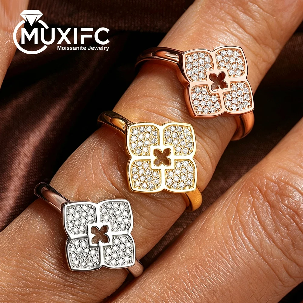 Four-leaf Clover All Moissanite Engagement Rings for Women S925 Silver Plated 18K Gold 0.9mm Diamond  Anniversary Gift Jewelry