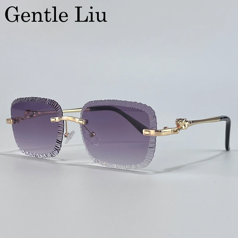 

Rimless Square Sunglasses Men 2025 Luxury Brand Cut Edge Eyewear Trendy Leopard Head Sunglass For Male Punk Metal Frame Shades