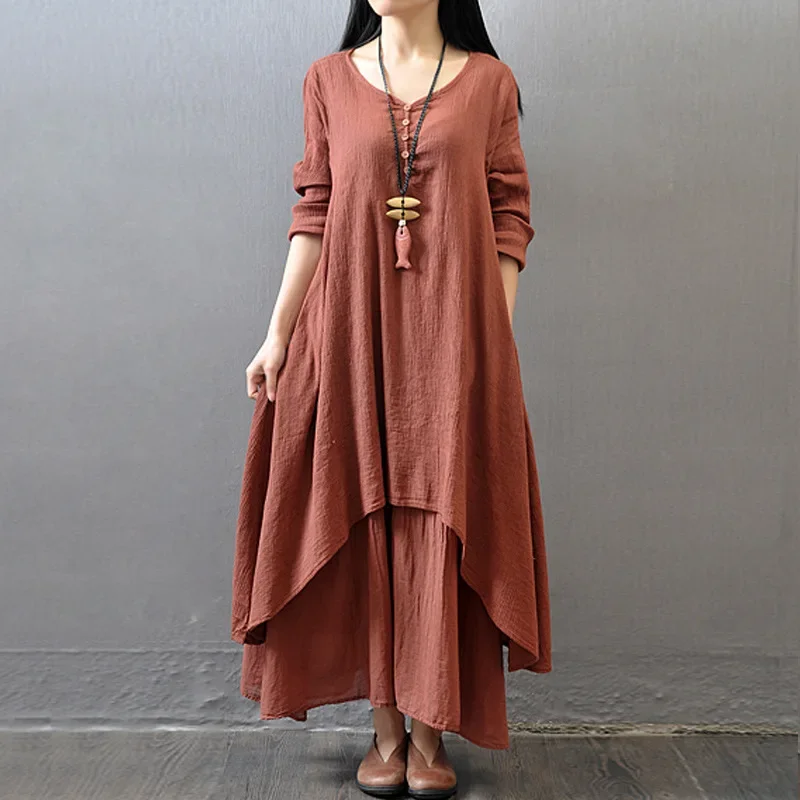 Spring Autumn New Women Elegant Dresses Bohemia Layering Vintage Robe Long Sleeve Loose Long Dress Female Cotton Hemp Skirt