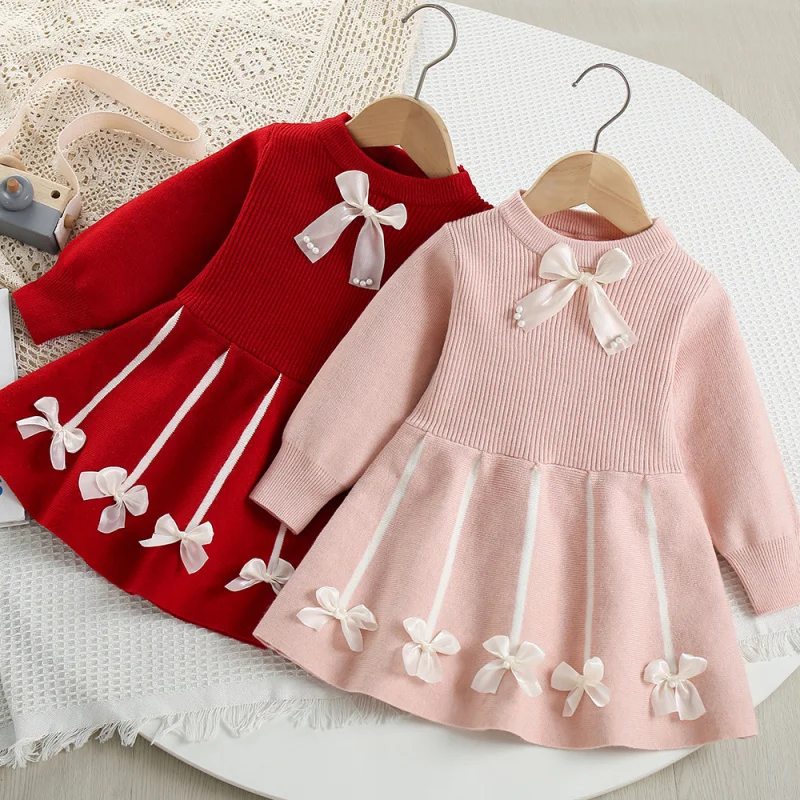 

Autumn Winter Sweater Dress2025Baby Princess Spring and Autumn Girls Dress New Bow Children's Knitted Skirt