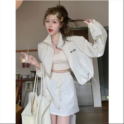 Women Long Sleeve Sun Protection Crop Shirt Skirt Casual Short Style Bottom Two Piece Set Loose Sports Elastic Waist Mini Skirt