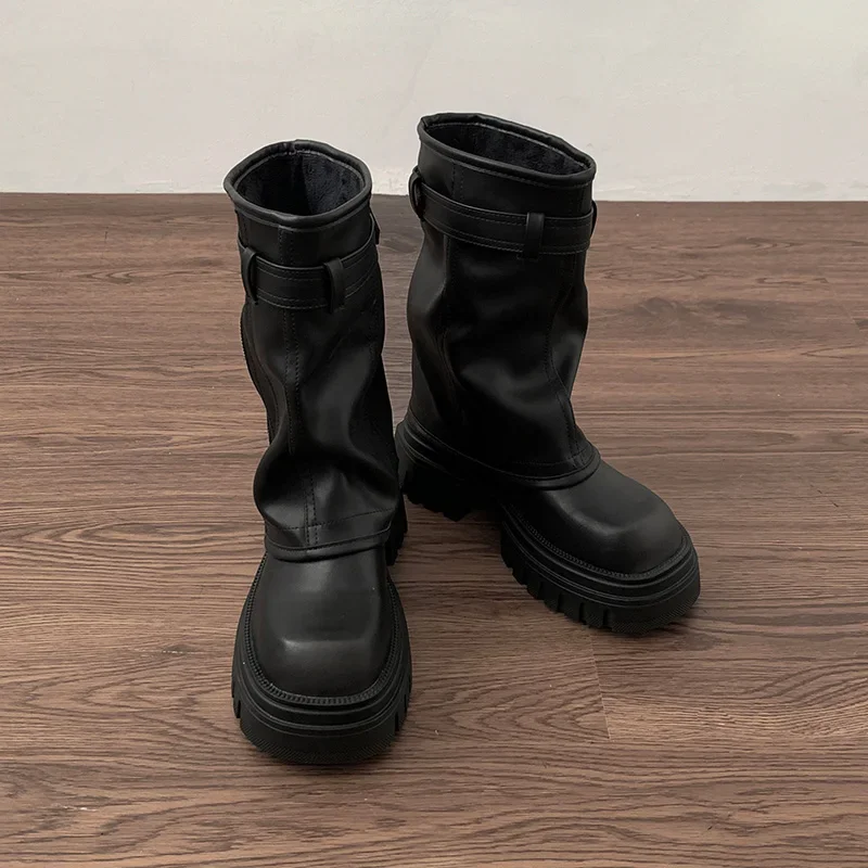 Winter Frauen Biker Stiefel Mode Gürtel Schnalle Damen Elegante Plattform Wohnungen Kurze Booties Casual frauen Ritter Booties