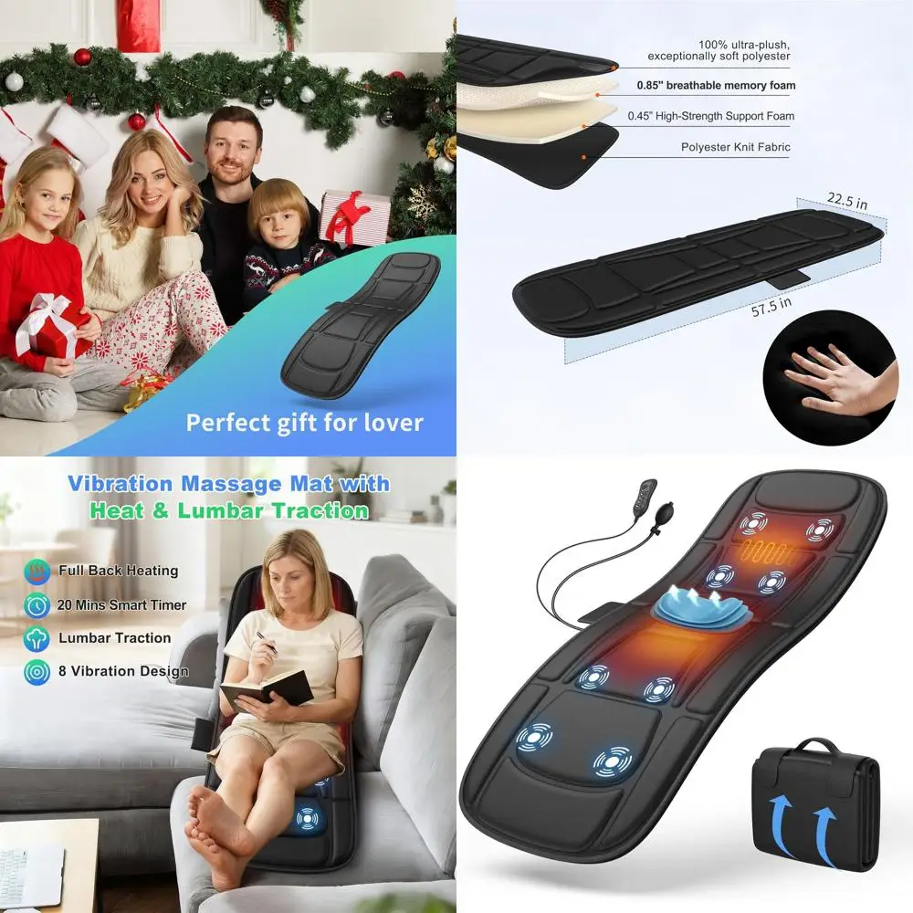 

Массажный коврик с тепловой терапией и поддержкой для поясницы, 3 уровня интенсивности для офиса и домашнего расслабления