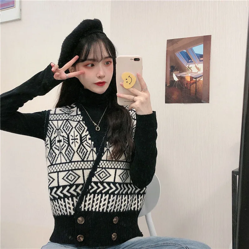 2023 Retro Design V-Neck Contrast Jacquard Knitted Vest Women's Spring and Autumn New Double Breasted Knitted Sweater