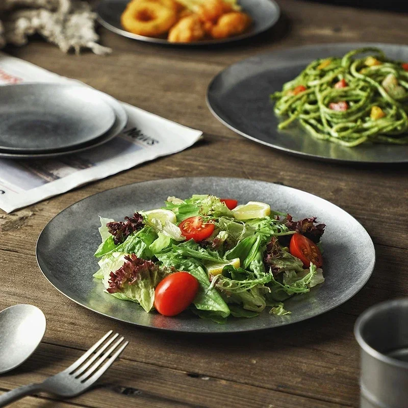 Assiette à dîner en métal de Style industriel Vintage, en acier inoxydable, pour Camping en plein air, assiettes alimentaires occidentales, plat en os pour Restaurant français