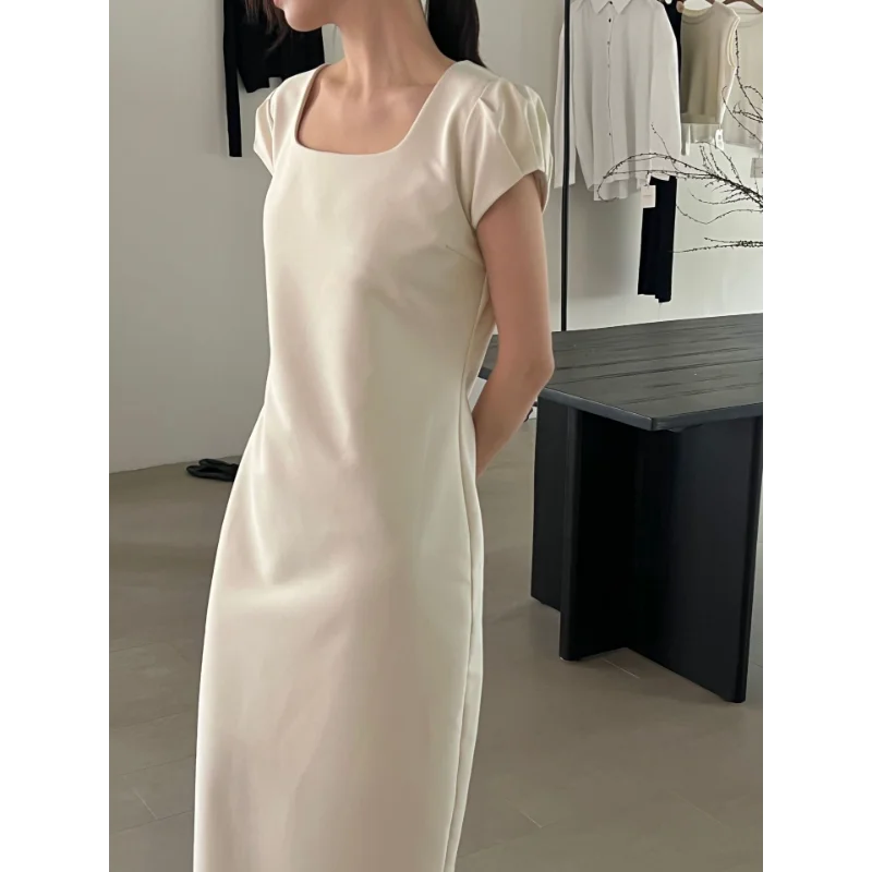 

French Square Collar Short Sleeve Women Dress 2024 Spring New Slim Vintage Wine Simple Beige Black Elegant Long Dresses Female