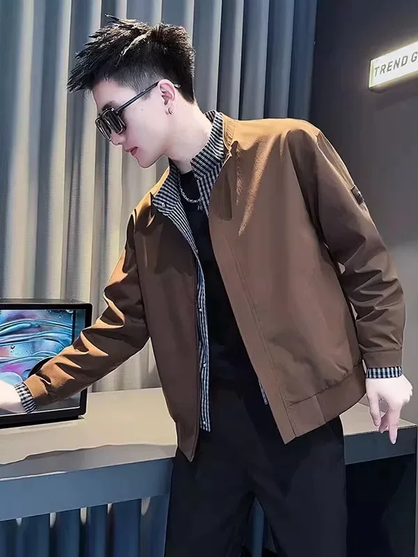 

Модная клетчатая куртка для мужчин, облегающая повседневная ветрозащитная полиэфирная волокно, длинная застежка-молния све, без шляпы, весна-осень