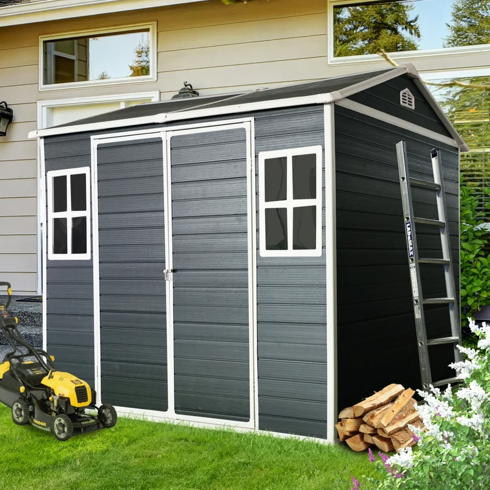 8 x 6ft  Resin Outdoor Storage Shed Waterproof Shed with Floor & Two Windows & Lockable Door, Tool Shed for Garden, Patio