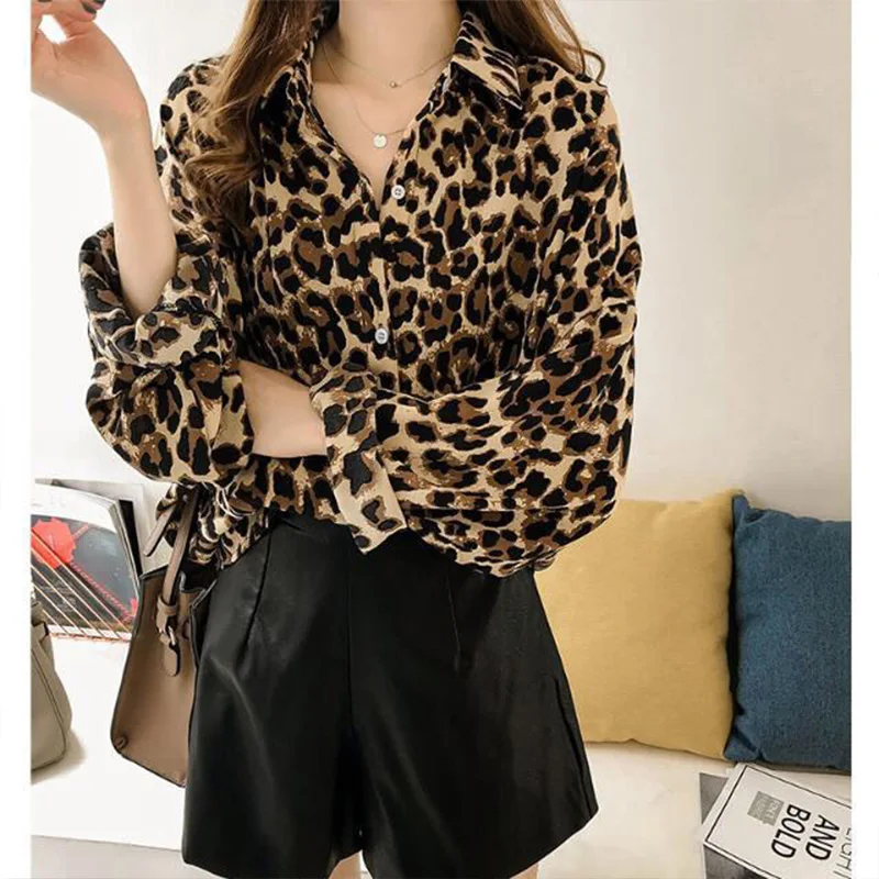 Explosive Street Fashionable Leopard Pattern Long Sleeved Chiffon Shirt for Women Spring Autumn New Retro Mid Length Casual Top