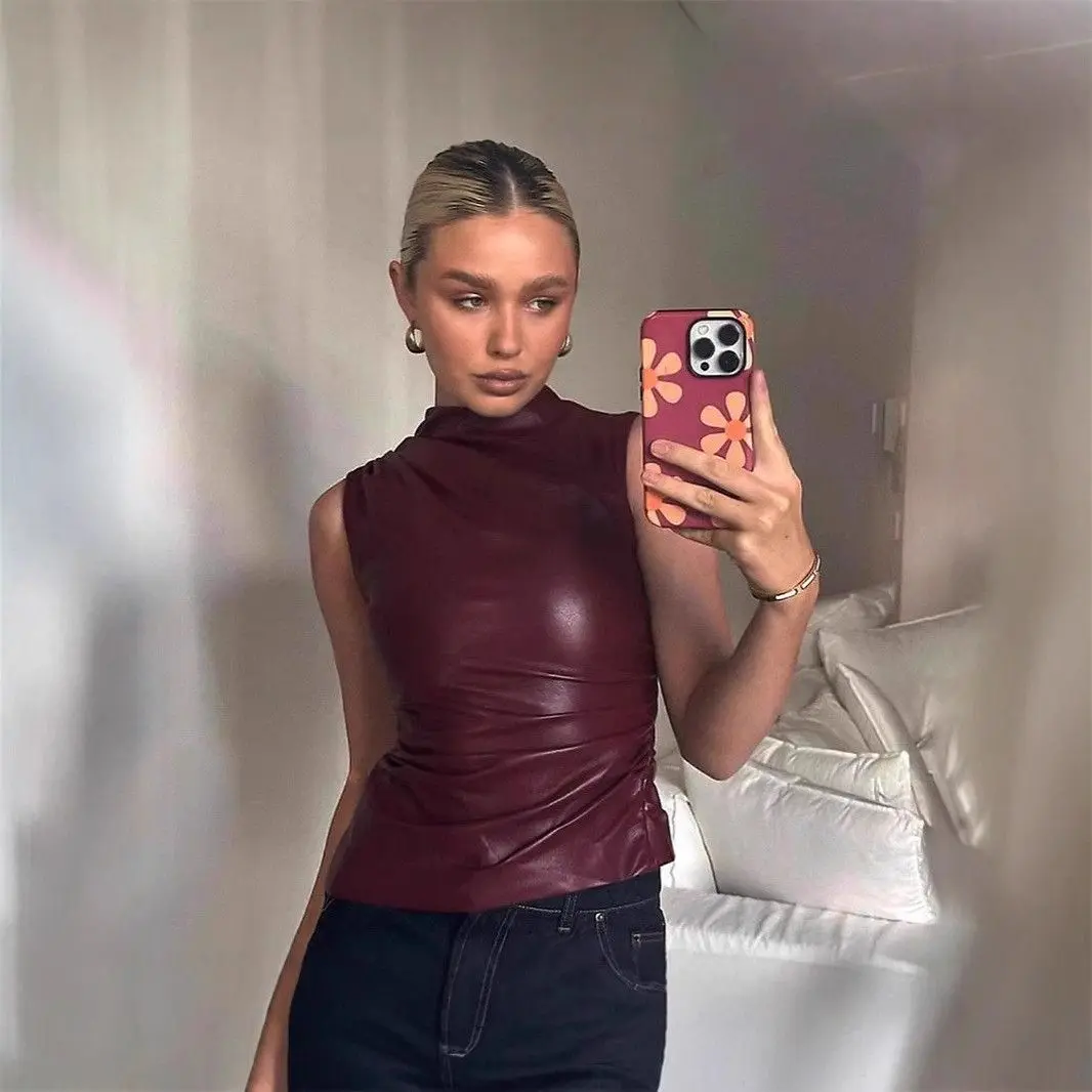 

Ретро кожаный жилет с высокой талией, облегающий, с воротником, женский топ, винтажный, весна-лето 2025, сексуальный, для трансграничной торговли