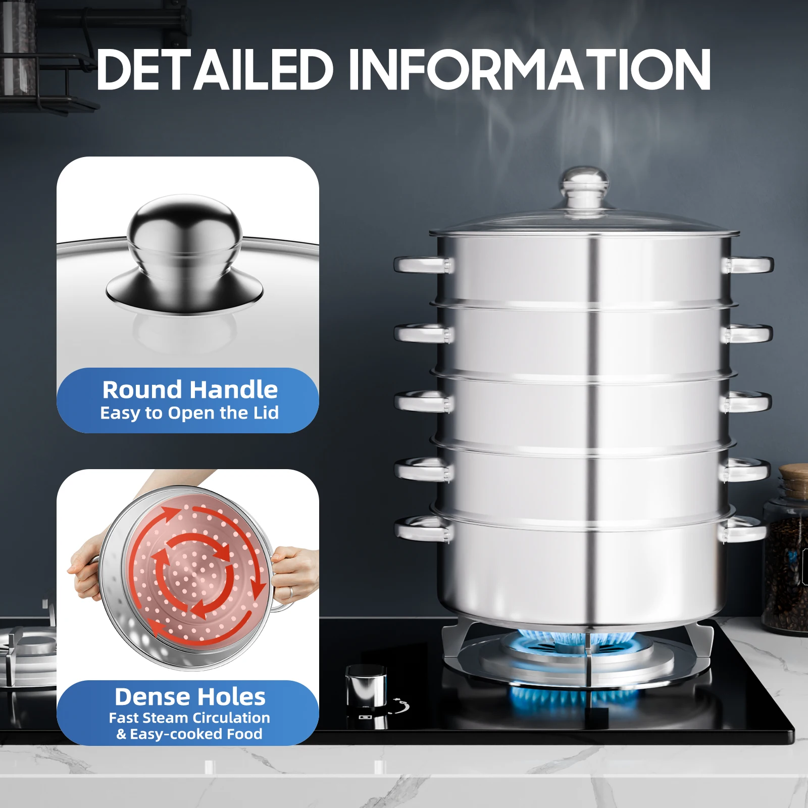 Stainless Steel Steamer with Glass Lid 5 Tier 46.5cm Cookware Cooking Pot Induction Hob Steamer for Dumplings Silver